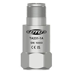 A stainless steel, standard size, top exit TA231 dual output vibration monitoring sensor engraved with the CTC Line logo, part number, serial number, and CE and UKCA certification markings.